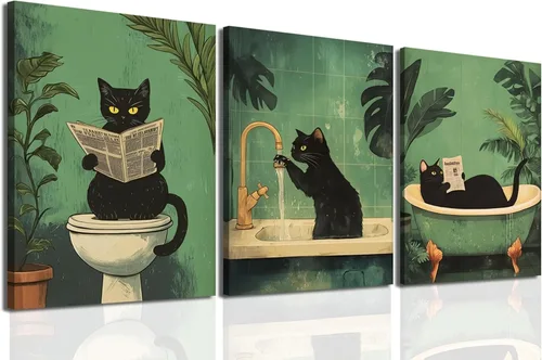 Miniatura 9 de Conjunto de 3 divertidos cuadros de animales para baño, lindas pinturas de jirafa leyendo el periódico, arte en lienzo de batas botánicas eclécticas