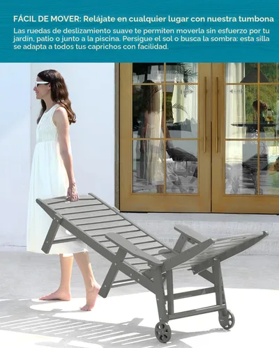 Miniatura 6 de Ciokea Silla de Descanso para Exteriores, Tumbona de Gran Tamaño con 5 Posiciones, HDPE, Silla de Descanso de Patio con Ruedas y Portavasos para Gris