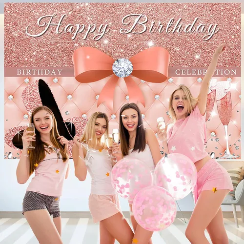 Miniatura 3 de Sensfun Cartel de fondo de feliz cumpleaños de oro rosa para mujer, decoraciones de fiesta de cumpleaños con purpurina, tacones rosados con lazo