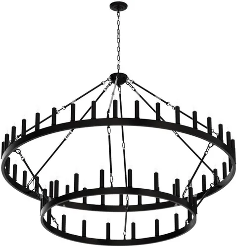 Miniatura 4 de Candelabro de dos niveles en negro, rueda de vagón grande, 54 luces, lámpara colgante de granja redonda de 152 cm, iluminación rústica para comedor