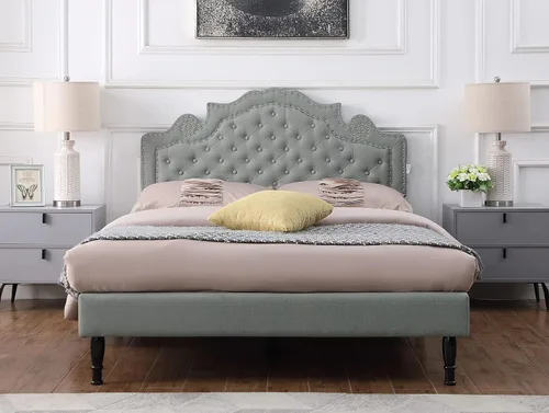 Miniatura 8 de Base de cama de plataforma tapizada tamaño Queen con cabecero ajustable de 47 pulgadas de alto, cama de lino copetuda con botones, soporte de Beige