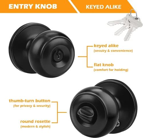 Miniatura 5 de Gobrico Paquete de 2 pomos para puerta exterior con llave negra mate, pomo de puerta de entrada, cerraduras de puerta de bola plana con la misma