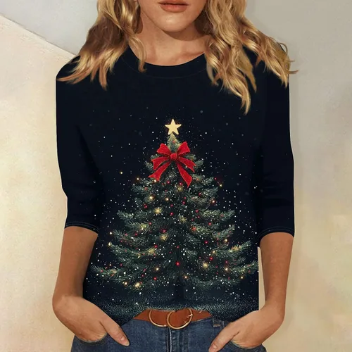 Miniatura 116 de Camisetas de manga 3/4 para mujer, cuello redondo, holgadas, casuales, con estampado floral, camisetas de moda para el trabajo de negocios