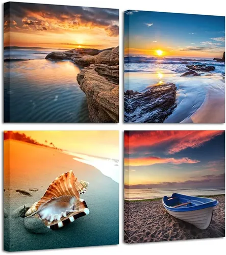Pyradecor Puesta de sol mar playa moderna paisaje marino cuadros cuadros sobre lienzo arte de pared 4 paneles estirados impresiones de lienzo para