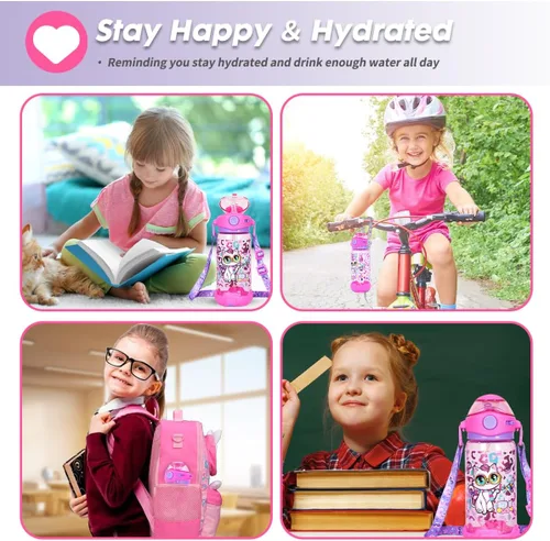 Miniatura 7 de Botella de agua para niños con pajita/cordón para niños de la escuela, niños y niñas, 22 oz / 650 ml, sin BPA, botella de agua para beber