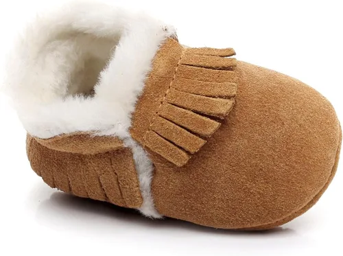 Miniatura 5 de HONGTEYA Mocasines de bebé con suela de goma de forro polar de piel, botas de nieve cálidas, zapatos de bebé de cuero para niños y niñas