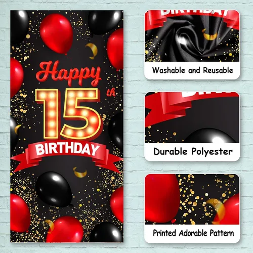 Miniatura 3 de Cartel de feliz cumpleaños número 15 rojo y negro, globos de fondo para decoración temática para niñas y mujeres, princesas de 15 años, suministros