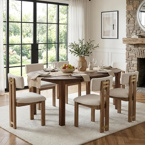 Miniatura 7 de HNY Juego de 4 sillas de comedor modernas de lino, tapizadas de tela beige, con marco de madera natural y respaldo curvado, sillas de madera sin