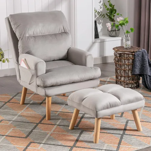 Miniatura 12 de CANMOV Silla decorativa moderna con otomana, sillón de tela suave con respaldo ajustable y bolsillos laterales, cómoda silla de descanso para sala