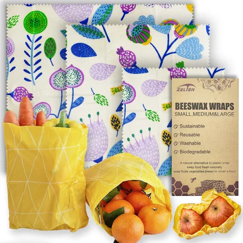 Miniatura 17 de Zelten Envolturas reutilizables de cera de abejas (3 paquetes, 3 tamaños S, M, L) sin plástico y silicona, envoltura ecológica, papel de cera