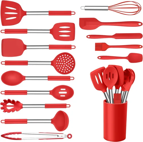 Onader Juego de 15 utensilios de cocina de silicona, juego de espátulas rojas para utensilios de cocina con soporte, herramientas y accesorios Rojo