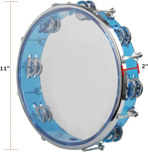 Miniatura 2 de ENNBOM Pandereta Ajustable Tono Mano Tambor Doble Fila Cascabeles de Metal Campana de Mano Nivel de Actuación Pandereta de Percusión de Mano (Azul)