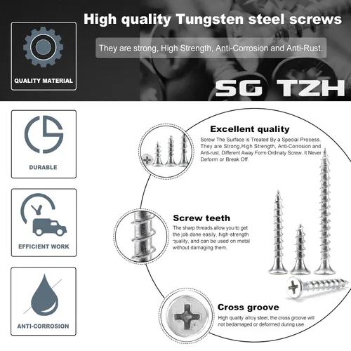 Miniatura 4 de Tornillos para paneles de yeso #8 x 3/4", 100 tornillos de madera autorroscantes rápidos de acero al carbono, cabeza plana SG TZH