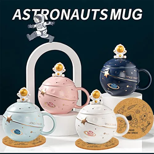 Miniatura 9 de Yalucky Taza Kawaii de astronauta con diseño de planeta en relieve del espacio, bonita taza de café de cerámica, taza novedosa con tapa y cuchara