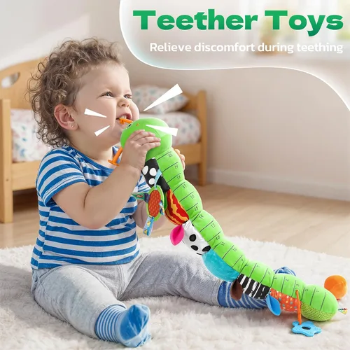 Miniatura 4 de HEMRLY Juguetes Sensoriales para Bebé de 0 a 6 Meses, Oruga Musical de Peluche con Mordedor, Papel Crujiente, Sonajero, Espejo para Bebé para Tiempo