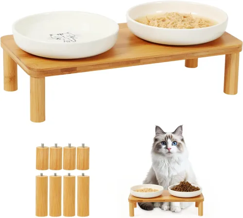 Miniatura 8 de DoogCat Cuencos elevados para gatos de interior – Mesa elevada de bambú para gatos con 2 platos de cerámica, altura ajustable