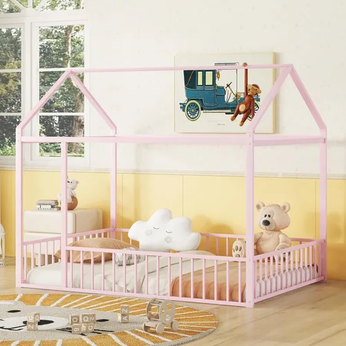 Miniatura 7 de Bellemave Cama de Piso Montessori Tamaño Twin, Marco de Cama Casa de Metal para Niños, Camas de Piso Montessori con Cerca, Blanco