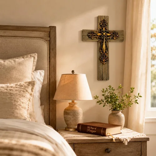 Miniatura 2 de Comfy Hour Cruz de pared decorativa en capas de 13 pulgadas, cruz de tono cobre estilo antiguo sobre base de aspecto de madera rústica, placa