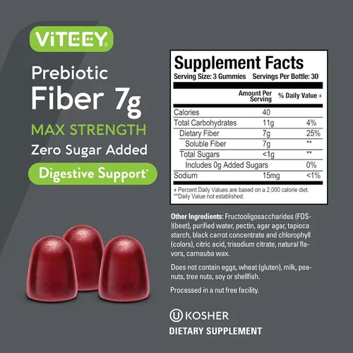 Miniatura 4 de Viteey Gomitas de fibra prebiótica para adultos, 0.27 oz - Gomitas de suplemento de fibra soluble digestiva y salud intestinal - Cero azúcar