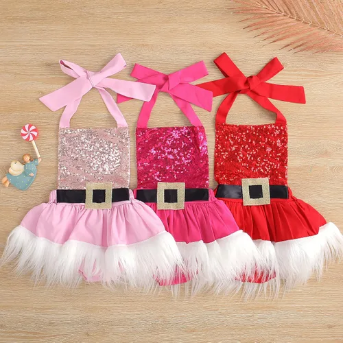 Miniatura 5 de Mameluco de tutú esponjoso de Navidad de felpa de Papá Noel de cintura alta con cuello y espalda descubierta