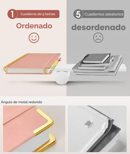 Miniatura 3 de Diario en espiral con tapas duras y pestañas de divisores removibles, 300 páginas de cuero, cuaderno de 5 divisiones con reglas para la universidad