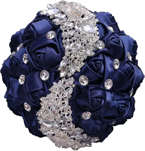 Miniatura 12 de XINNI Ramo de boda verde esmeralda para novia, dama de honor, satén rosa, ramo de boda con diamantes de imitación en forma de lluvia de meteoritos