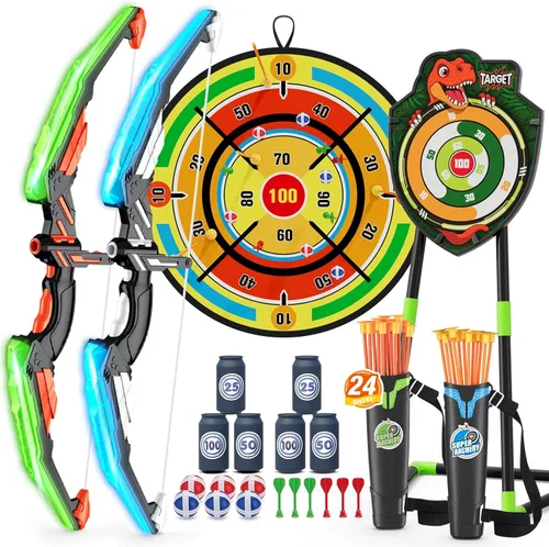 Miniatura 11 de HYES Arco y flecha para niños, juego de tiro con arco con luz LED con 12 flechas de ventosa, 1 blanco de pie, 3 blancos de puntuación y 1 carcaj