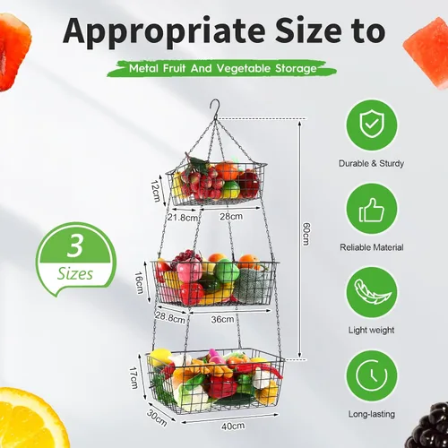 Miniatura 2 de Hicarer Cesta de frutas colgante de 3 niveles cuadrada de 35.4 pulgadas, organizador de frutas de cocina, organizador de alambre resistente