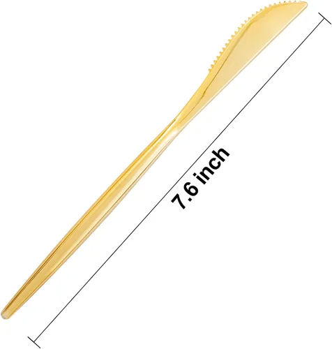 Miniatura 2 de U-QE Paquete de 60 cuchillos de plástico dorados resistentes, cubiertos desechables dorados sólidos y duraderos, cubiertos de plástico resistentes
