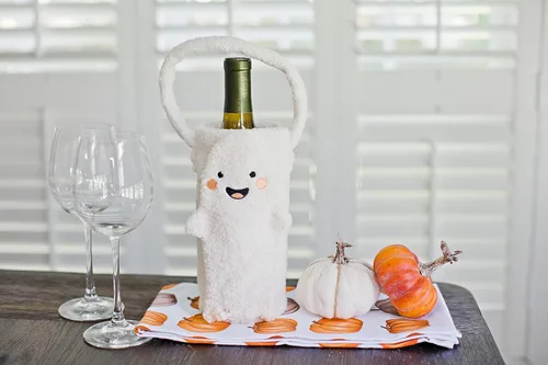 Miniatura 3 de Pearhead Soporte para botella de vino fantasma de Halloween, bolsa de regalo reutilizable de sherpa de felpa con cara sonriente y asa - Lindo regalo