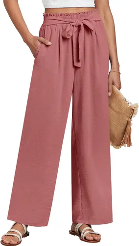 ANRABESS Pantalones palazzo de pierna ancha para mujer, cintura alta, nudo de lazo, ligeros, elegantes, bohemios, pantalones de descanso