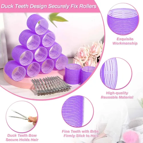 Miniatura 4 de Juego de rizadores de pelo jumbo – 24 piezas con 12 rodillos grandes y 12 clips para añadir volumen a cabello largo y grueso (morado)