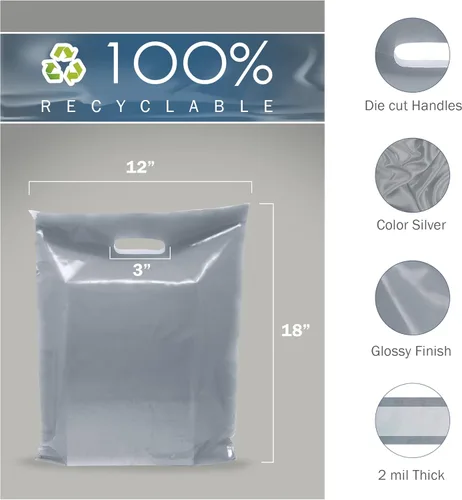 Miniatura 2 de PPB - Bolsas de plástico plateado para mercancía de 12 x 18 pulgadas, acabado brillante, tamaño mediano al por menor, paquete de 100 unidades, 2 mil