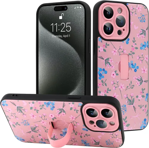 Miniatura 56 de Funda diseñada para iPhone 17 Pro Max con soporte plegable y correa para dedos, bonito patrón de lazo de corazón de flor rosa para mujeres y niñas
