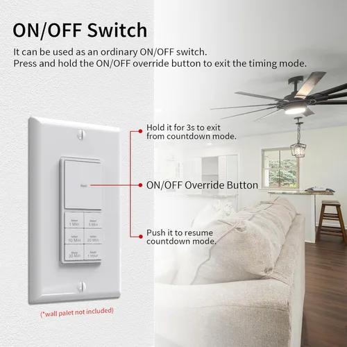 Miniatura 4 de Minoston Interruptor de luces de temporizador, 1-60 minutos, temporizador de pared de cuenta regresiva para ventiladores de baño, calentadores