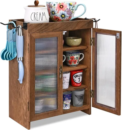 Miniatura 8 de Ikee Design Armario de almacenamiento de madera para encimera. Organizador personalizable con estantes ajustables, puerta de ventana de vidrio