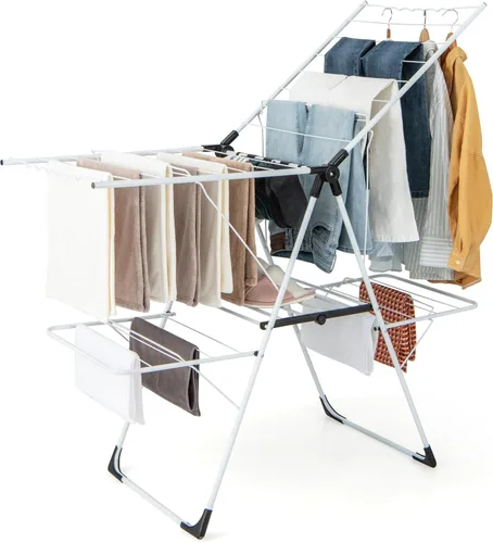 Miniatura 11 de GOFLAME Clothes Drying Rack, Laundry Drying Rack with 2 Foldable Wings, 14 Drying Rods, Free-Standing Collapsible Laundry Airer for Clothes, Towels