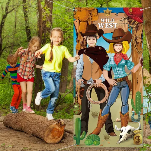 Miniatura 7 de Blulu Decoraciones de fiesta de fondo de vaquero occidental de 6 x 3 pies, decoración para cabina de fotos de rodeo del salvaje oeste, fondo