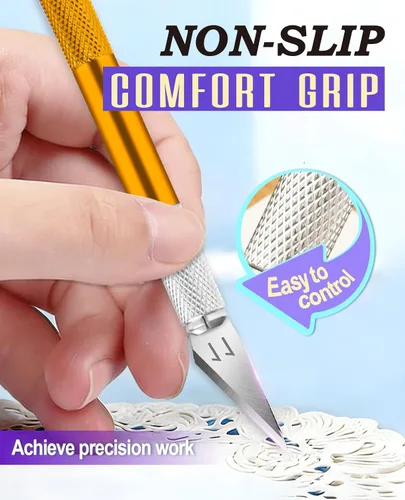 Miniatura 4 de DIYSELF 1 cuchillo de manualidades con kit de 11 cuchillas de acero inoxidable, 1 regla de acero de 0.59 pulgadas para arte, álbumes de recortes