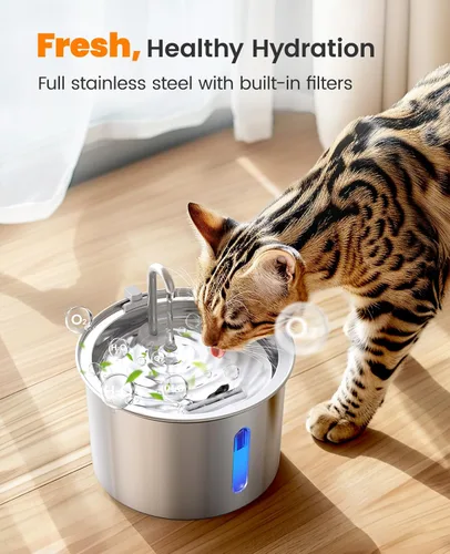 Miniatura 2 de oneisall Fuente de agua para gatos de acero inoxidable, fuentes de agua de 2 litros para gatos en interiores con bomba silenciosa y 3 filtros