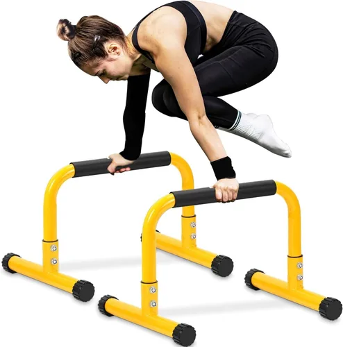 TABEKE Barra para flexiones, paraletas de acero de 14 pulgadas de alto y barra para fondos con mango de espuma de cobertura completa, barras Amarillo
