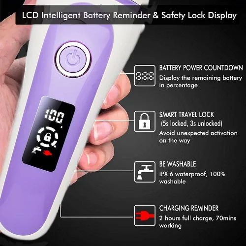 Miniatura 6 de Maquinilla de afeitar eléctrica para mujer, afeitadora eléctrica sin dolor para mujer, con pantalla LED, para piernas y axilas (violeta)