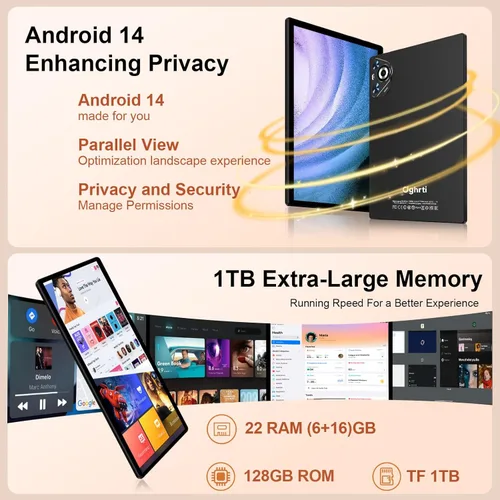 Miniatura 3 de Tablet de 10 pulgadas, 22 GB de RAM+128 GB ROM+1 TB Expand, Android 14 Tablet con teclado y mouse, batería de 8000 mAh, pantalla IPS de 1280 x 800
