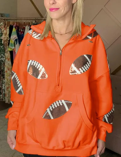 Miniatura 14 de SeekMe Sudaderas con capucha de lentejuelas para mujer, para el día del partido, suéteres de manga larga con cremallera y bolsillo