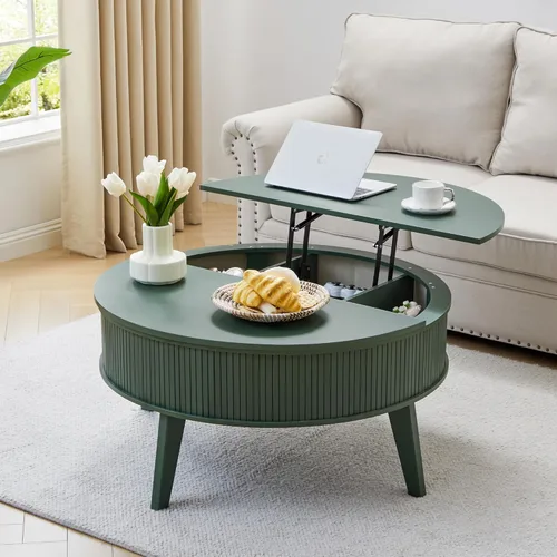 Miniatura 16 de Mesa de centro con parte superior acanalada totalmente montada con compartimento oculto, mesa central de madera, moderna mesa de elevación ovalada
