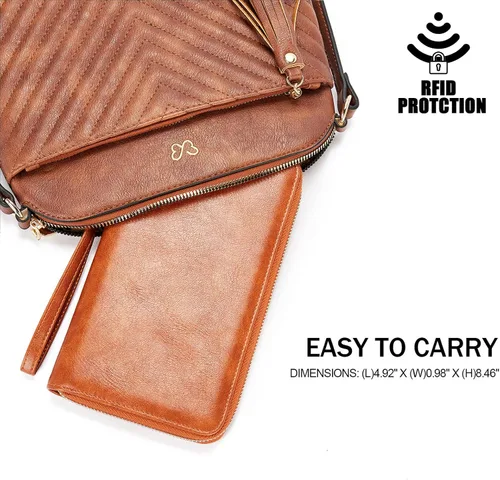 Miniatura 5 de BROMEN Cartera de cuero grande para mujer, soporte para teléfono con cremallera alrededor del bolso