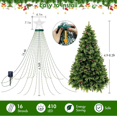 Miniatura 3 de Luces solares para árbol de Navidad con estrella de 6.6 pies x 16 líneas, 410 luces LED de Navidad con 8 modelos de temporizador remoto, luces