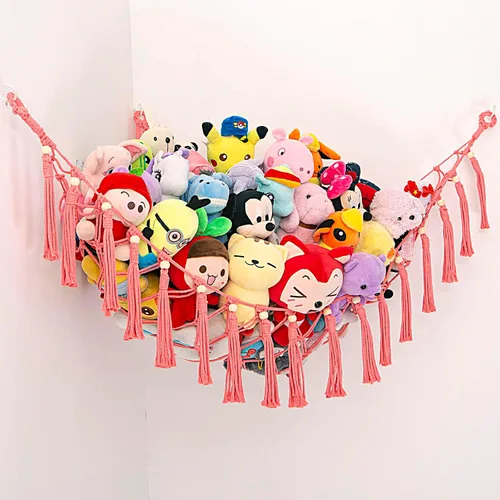 MAKEONEWO Hamaca de Juguete de Peluche Colgante - Hecha a Mano, Organizador Grande de Macramé Rosa, Soporte de Red de Esquina para Juguetes de Rosa
