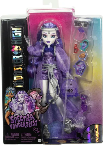 Miniatura 6 de Muñeca de Monster High Spectra Vondergeist con hurón mascota Rhuen y accesorios como mochila, tableta, bocadillos y más