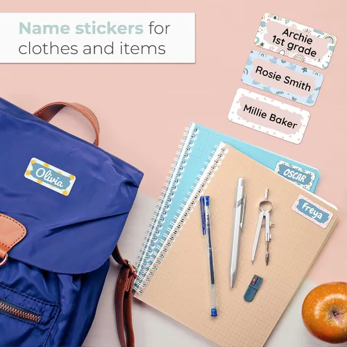Miniatura 5 de Etiquetas de nombre personalizadas para niños [70 unidades] – Calcomanías de nombre impermeables para la escuela, artículos y ropa – Etiquetas